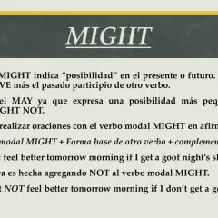 El verbo modal MIGHT significa "posibilidad". Aprende su uso y ejemplos para expresar probabilidad.