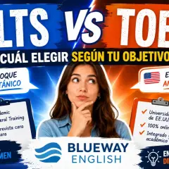 Joven reflexiona sobre elegir entre TOEFL o IELTS, con iconos de Londres y Nueva York.