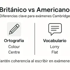 Diferencias entre inglés británico y americano para exámenes Cambridge: ortografía (Colour, Centre) y vocabulario (Lorry, Flat).