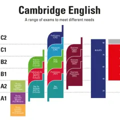 Gráfico de niveles de inglés Cambridge, mostrando exámenes para usuarios básicos, independientes y competentes, desde A1 hasta C2.