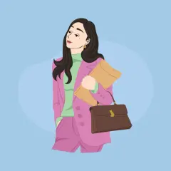 Mujer con traje rosa y bolso marrón, lista para el trabajo. Ideal para vocabulario de descripción física en inglés.
