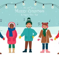 Cinco niños cantan un villancico en inglés bajo luces navideñas.