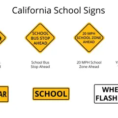 Varias señales de tráfico escolares en inglés: límite de velocidad, parada de autobús, cruce de peatones y zona escolar.