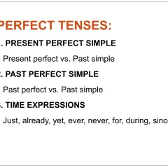 Presentación de los tiempos perfectos: present perfect y past perfect, comparados con el pasado simple. Incluye expresiones de tiempo.
