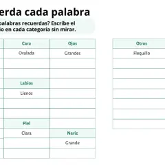 Tabla para describir a una persona: pelo rubio, cara ovalada, ojos grandes, labios llenos, piel clara, nariz grande y flequillo.