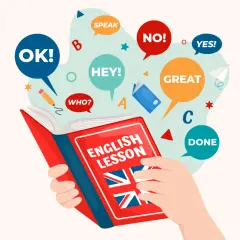 Libro de lecciones de inglés con burbujas de diálogo que muestran palabras más usadas en inglés como "OK", "HEY", "GREAT", "DONE".