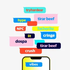 Burbujas de chat con palabras de moda de la **generación Z**: tryhardear, hype, NPC, lit, dospa, crush, tirar beef, facherito, cringe, vibes.