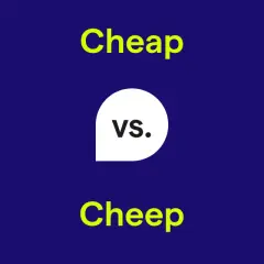 Comparativo de "Cheap" vs. "Cheep". El texto amarillo resalta las palabras, con "vs." en un círculo blanco.