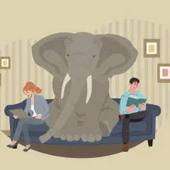 Un elefante gigante sentado en un sofá entre dos personas leyendo. Una metáfora visual de los modismos animales, como "el elefante en la habitación".