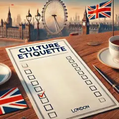 Té y lista de "Culture Etiquette" con el Big Ben y el London Eye de fondo, evocando las tradiciones de Londres.