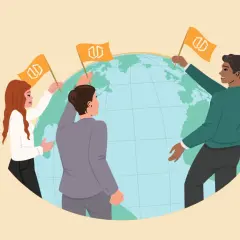 Personas de diversas nacionalidades en inglés, alrededor del mundo, sostienen banderas con un logo.