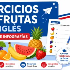 Ejercicios de frutas en inglés con imágenes de apple, banana, orange, strawberry, grapes y watermelon.