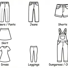 Ilustración de diferentes tipos de ropa: pantalones, jeans, shorts, falda, vestido, leggings y overol.