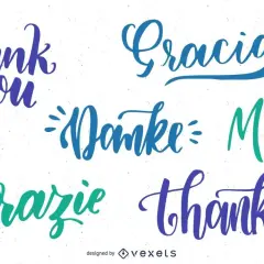 Letras caligráficas dicen "Thank you", "Gracias", "Danke", "Merci", "Grazie", "thanks". Un collage de agradecimientos.