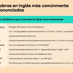 Lista de palabras en inglés y español con pronunciación correcta. Aprende a decir "accessory", "bury", "chaos", "cupboard", "height", "rapport" y "realtor" sin errores.