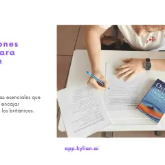Estudiante con un diccionario Oxford, aprendiendo sobre tradiciones de Inglaterra.