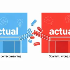 La imagen muestra "actual" en inglés (correcto) y español (incorrecto), ilustrando la diferencia entre cognados.