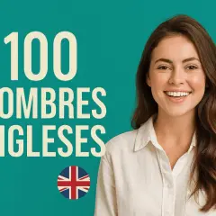 Una mujer sonríe junto a un texto que dice "100 nombres ingleses antiguos" y la bandera del Reino Unido.