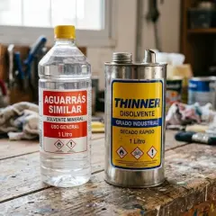 Comparativo de thinners: aguarrás similar y thinner industrial, ambos de 1 litro, sobre una mesa de trabajo.