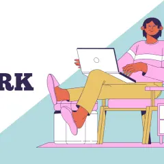 Texto "JOB VS WORK" con persona trabajando en portátil en silla.