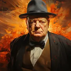 Retrato dramático de Winston Churchill con sombrero y pajarita, sobre un fondo abstracto de llamas naranjas. Sus **winston churchill frases** inspiran fuerza.