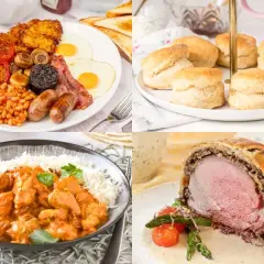 Un desayuno inglés completo, bollos, curry y un Wellington. Así es que cenan los ingleses.