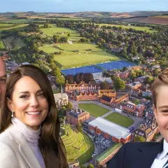 Príncipe William, Kate Middleton y el Príncipe George sonríen ante un colegio con campos deportivos, sugiriendo su futuro en internados en Reino Unido.