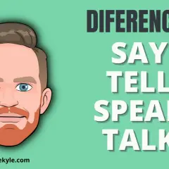 Ilustración de un hombre con texto que explica la diferencia entre speak y talk.