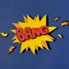 Explosión de cómic con la onomatopeya en inglés "BANG" en letras rojas, rodeada de rayos amarillos y naranjas sobre fondo azul.