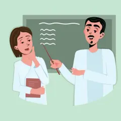 Un profesor explica algo en la pizarra a una estudiante que piensa. Ella sostiene un libro y él usa una varilla para señalar. Quizás está aprendiendo frases largas en inglés.