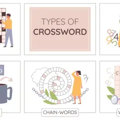 Ilustración de varios tipos de juegos de palabras en inglés: crucigramas clásicos, sudoku, arrowords, chain-words y word search.