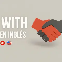 A handshake made of red and black material, with "WITH EN INGLÉS" and icons for sound and the US flag.