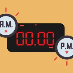 Reloj digital con 00:00 y círculos que indican A.M. y P.M. El tiempo pasa de la mañana a la tarde.