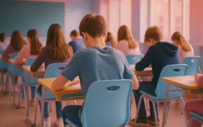 Estudiantes concentrados en un aula, preparándose para sus intensivos inglés B2.