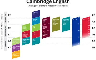 Gráfico de Cambridge English que muestra el nivel de idiomas y los exámenes correspondientes según el MCER.