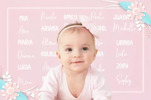 Bebé sonriente rodeada de nombres de mujer, incluyendo nombres irlandeses como Mia, Nicole, Emily, Paula, Juana, Ana, Ariana, Michelle, Maria, Alina, Danna, Estella, Lucia, Zoey y Sophy.