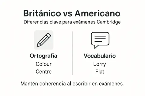 Diferencias entre inglés británico y americano para exámenes Cambridge: ortografía (Colour, Centre) y vocabulario (Lorry, Flat).