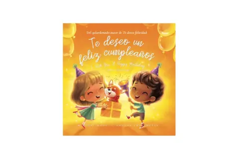 Niños celebran un cumpleaños con un regalo y un perrito. La portada del libro "Te deseo un feliz cumpleaños" muestra cómo felicitar un cumpleaños.