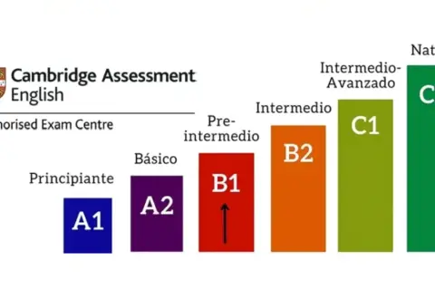 Gráfica de Cambridge English muestra los grados de inglés, desde principiante (A1) hasta nativo (C2), con niveles intermedios.