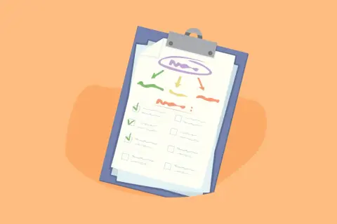 Lista de nuevas metas para el año nuevo en un portapapeles, con casillas de verificación y un diagrama de flujo.