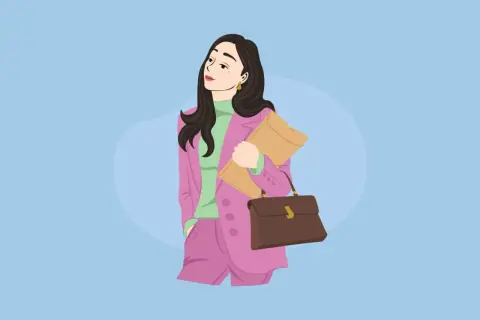 Mujer con traje rosa y bolso marrón, lista para el trabajo. Ideal para vocabulario de descripción física en inglés.