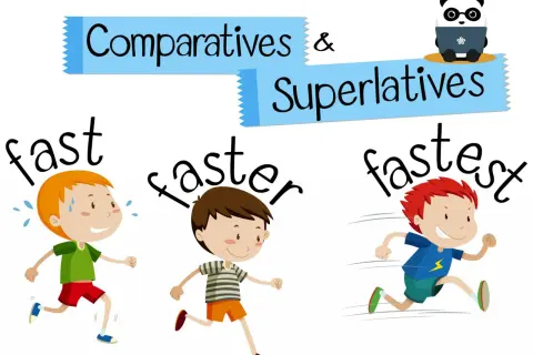Niños corriendo: rápido, más rápido y el más rápido. El panda enseña comparativos y superlativos en inglés.