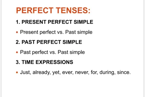 Presentación de los tiempos perfectos: present perfect y past perfect, comparados con el pasado simple. Incluye expresiones de tiempo.
