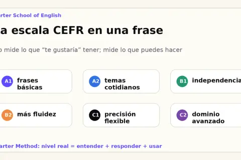 Carter School of English: La escala CEFR en una frase. Niveles A1-C2, incluyendo B1 independencia para conversaciones en inglés.
