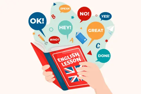 Libro de lecciones de inglés con burbujas de diálogo que muestran palabras más usadas en inglés como "OK", "HEY", "GREAT", "DONE".