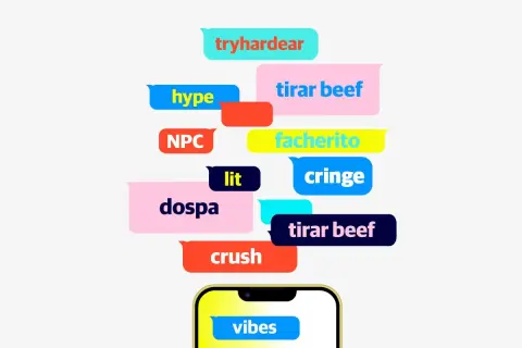 Burbujas de chat con palabras de moda de la **generación Z**: tryhardear, hype, NPC, lit, dospa, crush, tirar beef, facherito, cringe, vibes.