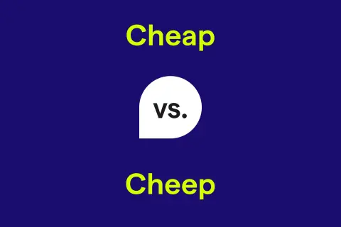 Comparativo de "Cheap" vs. "Cheep". El texto amarillo resalta las palabras, con "vs." en un círculo blanco.