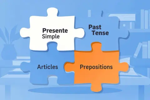 Cuatro piezas de rompecabezas unidas: "Presente Simple", "Past Tense", "Articles" y "Prepositions".