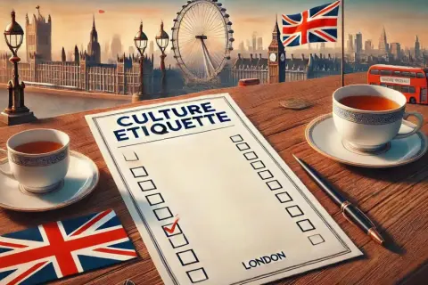 Té y lista de "Culture Etiquette" con el Big Ben y el London Eye de fondo, evocando las tradiciones de Londres.