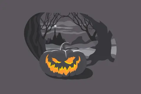 Calabaza de Halloween iluminada en un bosque oscuro, perfecta para tus frases de Halloween en inglés.
